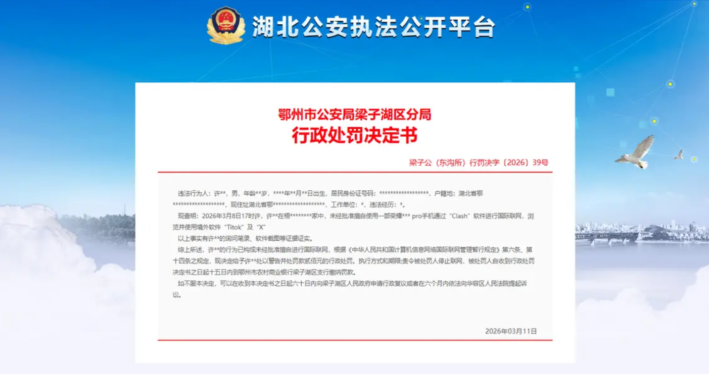 男子“擅自浏览并使用境外软件”Tiktok及X被处罚